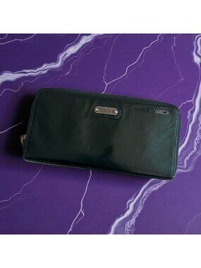 PERLINA Deep Green Patent Leather Zip Around Clutch Wallet